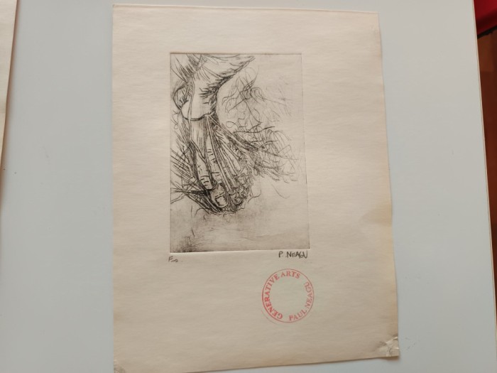 PAUL NEAGU, LITOGRAFIE ORIGINALA &quot;PICIOR STANG&rdquo; SEMNATA STAMPILATA/EXEMPLAR DE AUTOR