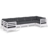 Set mobilier de gradina cu perne, 7 piese, alb, lemn masiv pin