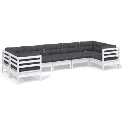 Set mobilier de gradina cu perne, 7 piese, alb, lemn masiv pin foto