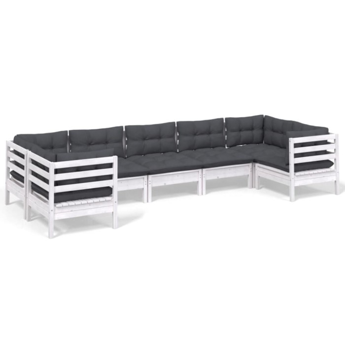 Set mobilier de gradina cu perne, 7 piese, alb, lemn masiv pin