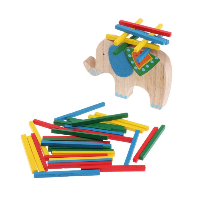 Joc educativ de echilibru, Model elefant, Lemn, Multicolor, 41 piese