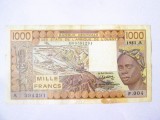 Rară! Coasta de Fildeș 1000 Francs 1981,bancnota din imagini la cel mai mic preț