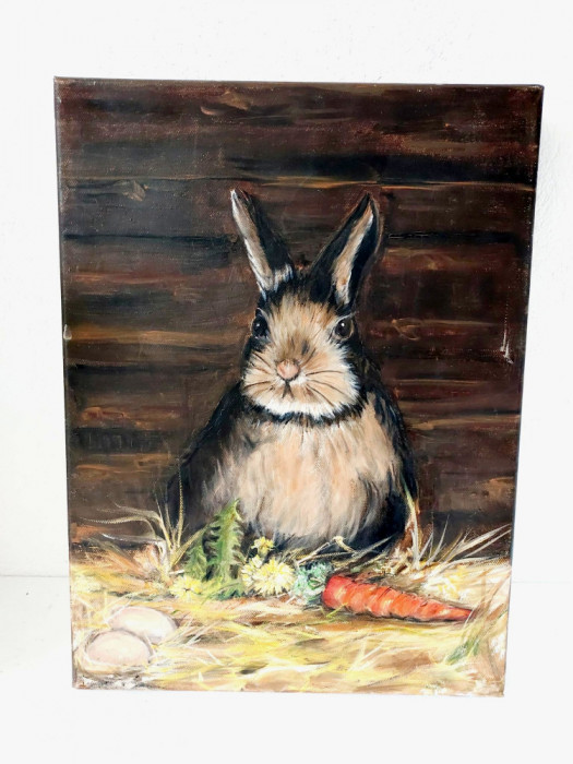 Tablou original, ulei pe panza iepure pe f&acirc;n, 30x40cm, 2019, tema de Paste