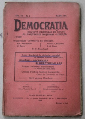 DEMOCRATIA , REVISTA CERCULUI DE STUDII AL PARTIDULUI NATIONAL - LIBERAL , ANUL VII , No. 2 , MARTIE , 1919 foto