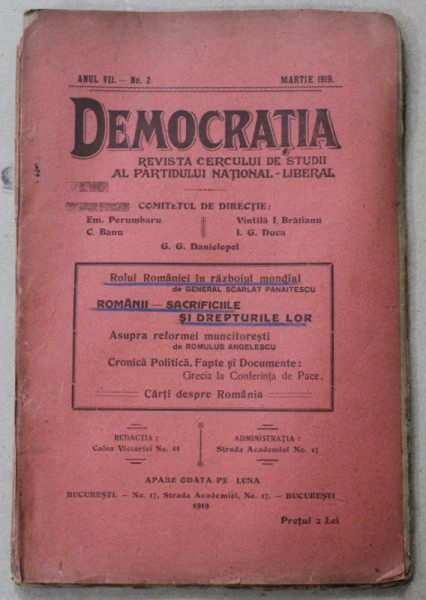 DEMOCRATIA , REVISTA CERCULUI DE STUDII AL PARTIDULUI NATIONAL - LIBERAL , ANUL VII , No. 2 , MARTIE , 1919