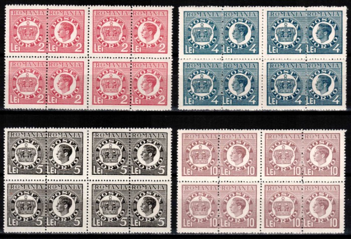 Romania 1947 LP 22, Porto duble - Mihai si Coroana, blocuri de 4, MNH!