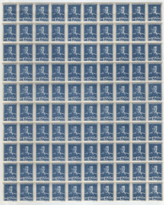 |Romania, LP 154/1943, Mihai I (filig. MM) (uz.), 12 lei, ultramarin, coala, MNH