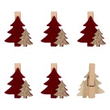 Clestisori Decorativi Craciun, Model Brad, Lemn, Bordo si Bej cu Glitter, Set 6 Bucăți, 4cm