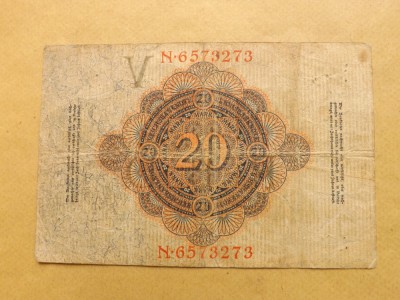 Germania 20 Mark 19.02.1914 . ( underprint letter V ) - Serie N.6573273 foto