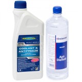 Pachet 2.5 litri antigel concentrat Ravenol HTC protect MB 325.0 albastru si apa distilata