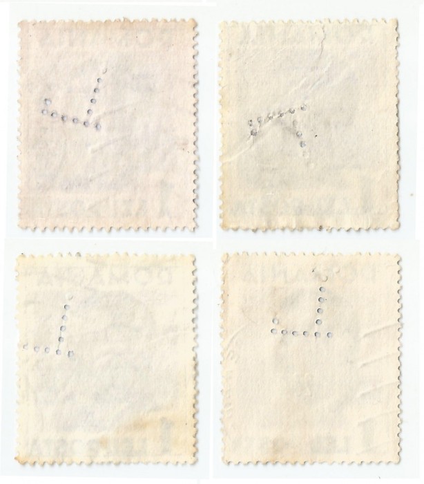 *Romania, lot 1 cu 4 timbre perforate identice cu perforatii in pozitii diferite