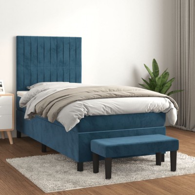 vidaXL Pat box spring cu saltea, albastru &amp;icirc;nchis, 90x190 cm, catifea 3137939 foto