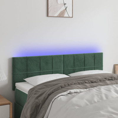 vidaXL Tăblie de pat cu LED, verde &amp;icirc;nchis, 144x5x78/88 cm, catifea foto