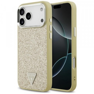 Husa MagSafe pentru Apple iPhone 17 Pro Max, Guess, Glitter Triangle Logo, Aurie foto