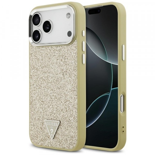 Husa MagSafe pentru Apple iPhone 17 Pro Max, Guess, Glitter Triangle Logo, Aurie