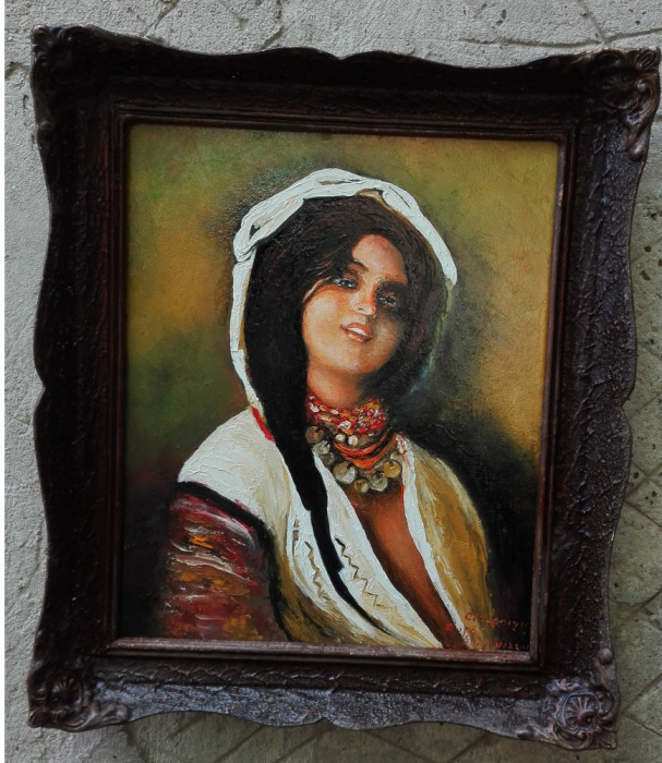 Tablou portret tanara fata semnat Cimpoesu dupa Grigorescu.
