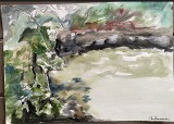 Lucrare Ana Teodorescu, Lacul, tehnică mixtă pe carton subțire 30 x 20 / arta romaneasca / semnatura / foarte decorative, Natura, Pastel, Abstract