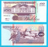 Surinam (p#139) 100 Gulden 1998 UNC 'Exploatare minieră'; (ROG CITITI DETALIILE!); Emisiunea "Clădirea Băncii Centrale"