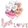 Set 15 baloane LOVE din folie de aluminiu, 10 inimioare, Balon love 108 cm, Balone LOVE 41 cm, Roz/alb, Oem