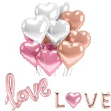 Set 15 baloane LOVE din folie de aluminiu, 10 inimioare, Balon love 108 cm, Balone LOVE 41 cm, Roz/alb, Oem