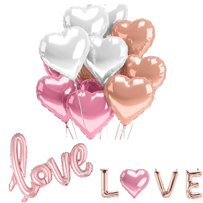 Set 15 baloane LOVE din folie de aluminiu, 10 inimioare, Balon love 108 cm, Balone LOVE 41 cm, Roz/alb