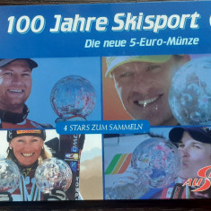 MONEDA DIN ARGINT AUSTRIA - 5 EURO 2005, MONEDA UNC IN BLISTER-100 ANI SKI SPORT