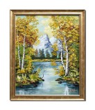 Tablou peisaj de toamna tarzie pictat manual inramat, 55x45cm ulei pe panza, rama din lemn, Stefan Bilibou