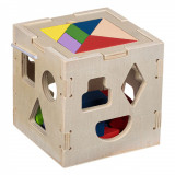 Cub educativ lemn, 5 laturi interactive, forme geometrice, puzzle