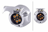 Priza remorca 7 pini 12V 16-25A metal aluminiu, DIN ISO 1724 N-Type, cu capac, contact surub, montaj exterior universal auto camion tractor Hella