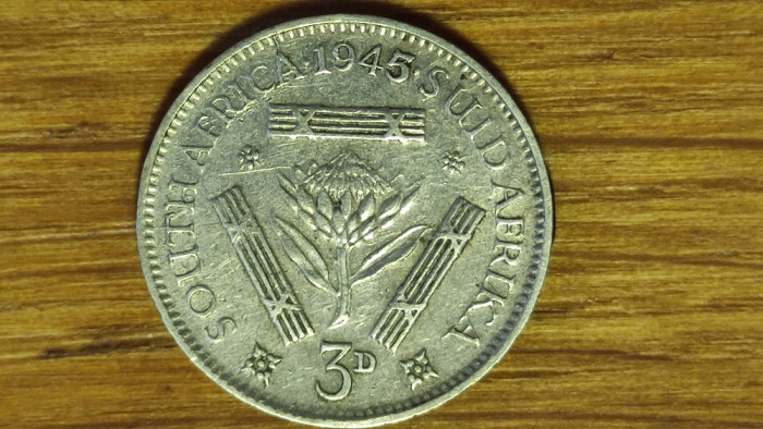 Africa de sud - moneda de colectie argint 0.800 - 3 pence 1945 xf - George VI