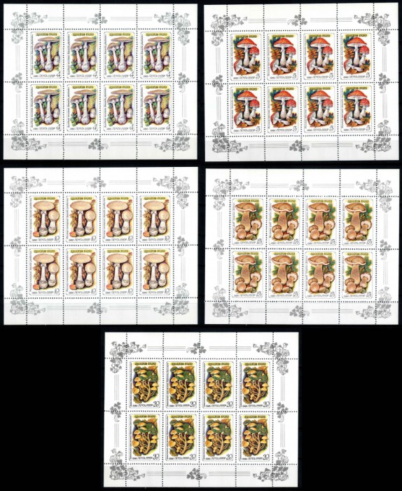 Rusia URSS 1986, Mi #5603-5607 Klb, ciuperci, minicoli de 8, MNH, cota 130 &euro;! RARE!