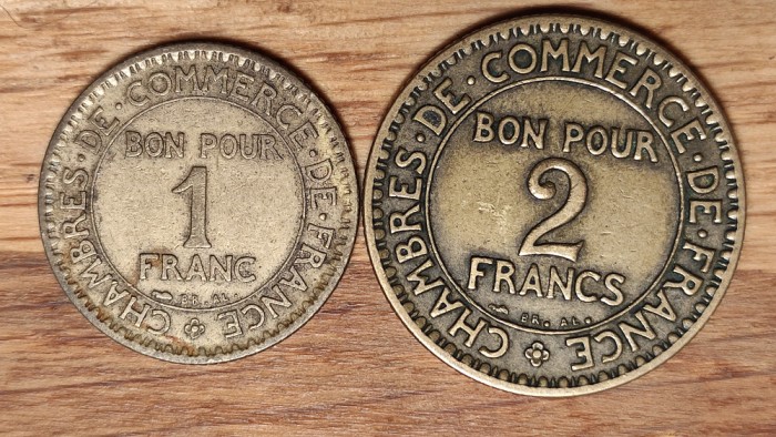 Franta - set istoric - 1 franc + 2 franci / francs 1922 1924 - camera de comert