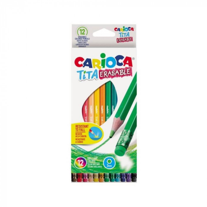 Set 12 Creioane Color CARIOCA, Corp din Lemn Hexagonal, 12 Culori Diferite si Radiera Inclusa La Fiecare Creion, Set Creioane Colorate, Creioane Color