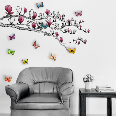 Sticker Magnolia and Colourful Butterflies foto