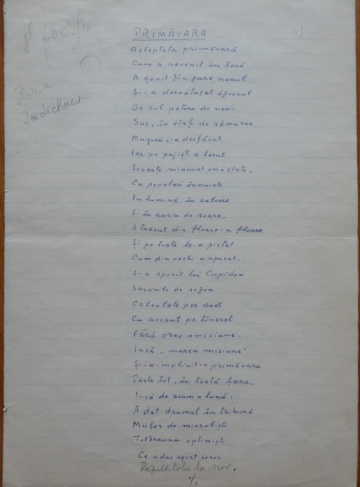10 foi manuscris ale scriitorului Florin Iordachescu cu poezii parodice, 8 poezii