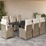 vidaXL Set de masă pentru grădină, 9 piese, cu perne, bej, poliratan
