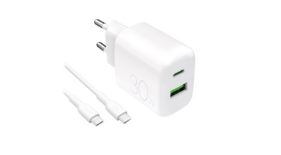 &amp;Icirc;ncărcător de perete Puro PROLITE 30W USB-A / USB-C + cablu USB-C - USB-C 1.2m - alb foto