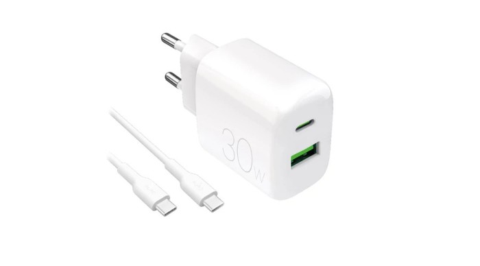 &Icirc;ncărcător de perete Puro PROLITE 30W USB-A / USB-C + cablu USB-C - USB-C 1.2m - alb
