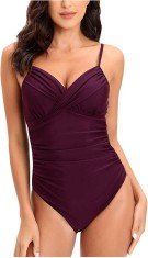Costum de baie intreg pentru femei cu decolteu in V, push-up, visiniu, XXL - OUTLET