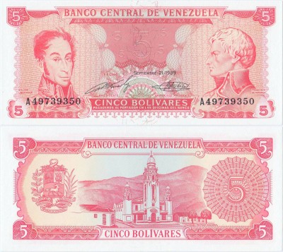 1989 (21 IX), 5 Bol&amp;iacute;vares (P-70b) - Venezuela - stare UNC foto