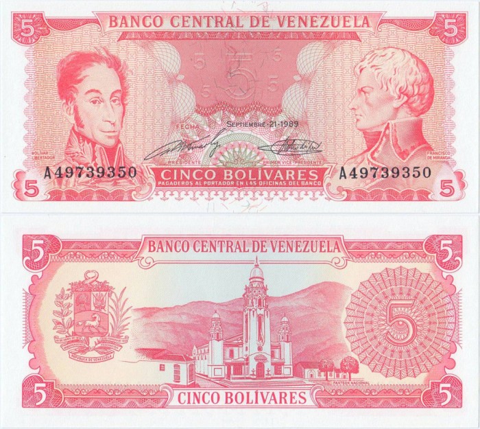 1989 (21 IX), 5 Bol&iacute;vares (P-70b) - Venezuela - stare UNC