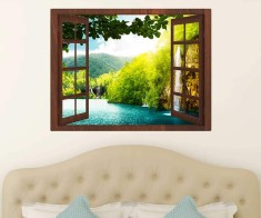 Sticker Fereastra cu efect vizual 3D - 119x90 cm - tocaria maro foto