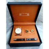 Cumpara ieftin Set Cadou Barbati: Ceas Matteo Ferari Auriu, Butoni Mecanism, Pix Elegant, Cutie Piele Ecologica