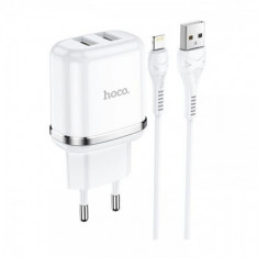 Incarcator Retea cu cablu Lightning, HOCO N4, 2 X USB, 12W, 2.4A, Alb, Blister