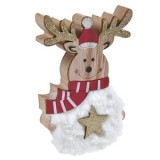 Decoratiune din Lemn de Craciun Cerb Blana Artificiala Stea &amp; Fular 13cm, CMCLASS
