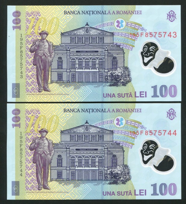 q427 PERECHE CONSECUTIVA 100 LEI 2019 POLIMER UNC NECIRCULATA seriile 195F8575743 si 195F8575744