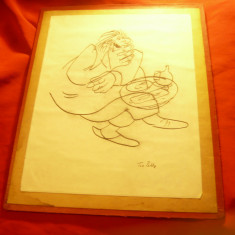 Caricatura semnata Tia Peltz ,pe carton ,dim.= 23,5x28cm