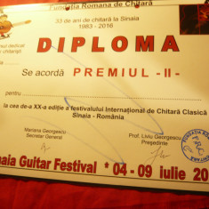 Diploma Premiul II - Fundatia Romana de Chitara- Festival Internat.2016 Sinaia