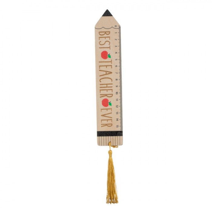 Riglă Decorativă, Model Creion, Mesaj &quot;Best Teacher Ever&quot;, Lemn, Ciucure Auriu, 20.5x0.4x4cm