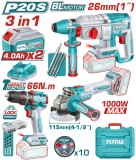TOTAL - KIT COMBO 20V -4.0Ah - MASINA DE GAURIT CU IMPACT, POLIZOR UNGHIULAR , CIOCAN ROTOPERCUTOR ( PowerTool TopQuality